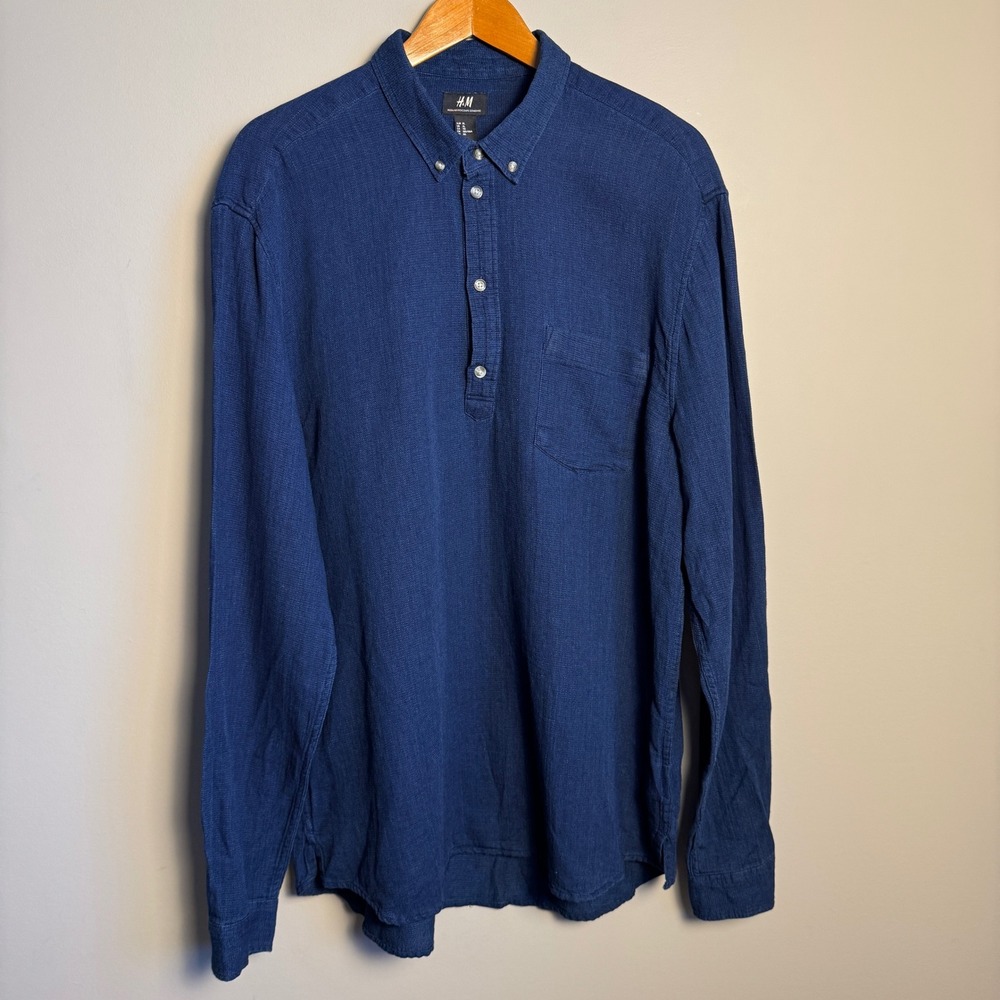 H&M Men's Long Sleeve Polo Shirt Regular Fit Blue Size XL‎ Preppy Campus Chic